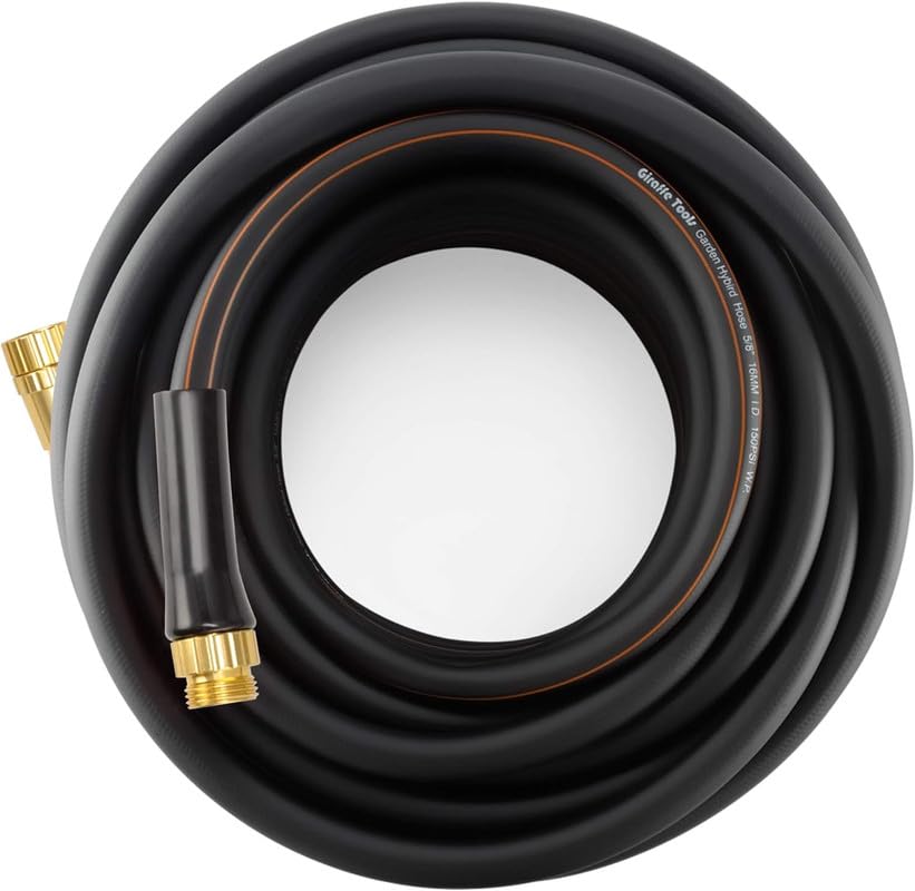 Giraffe Tools garden hose 50ft coil for compact storage and easy handling.