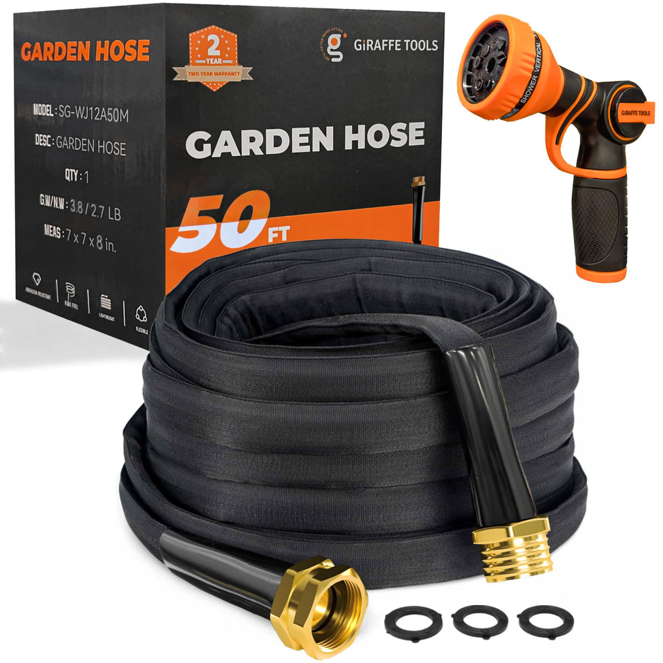 Giraffe Tools garden hose 50ft lay-flat design for easier handling and tangle-free watering.