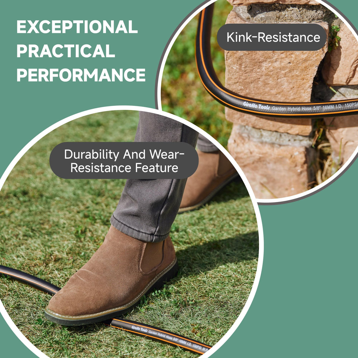 Giraffe Tools all-weather hose stays flexible from -40 to 150°F.
