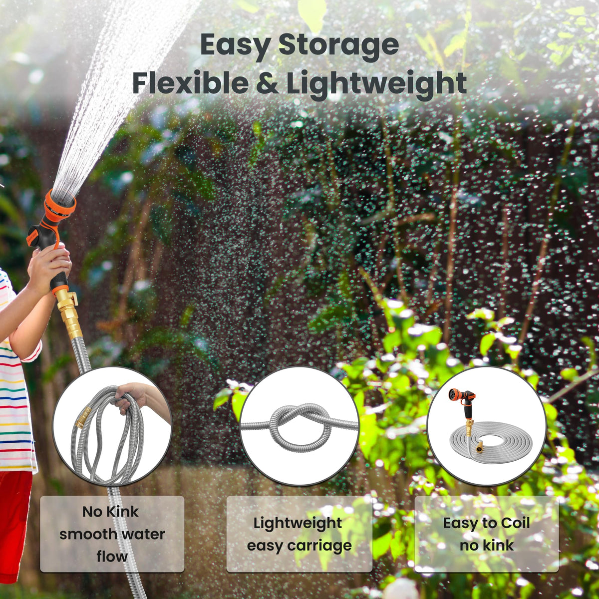 Giraffe Tools kink-free spiral hose design reduces tangling during DIY yard tasks.