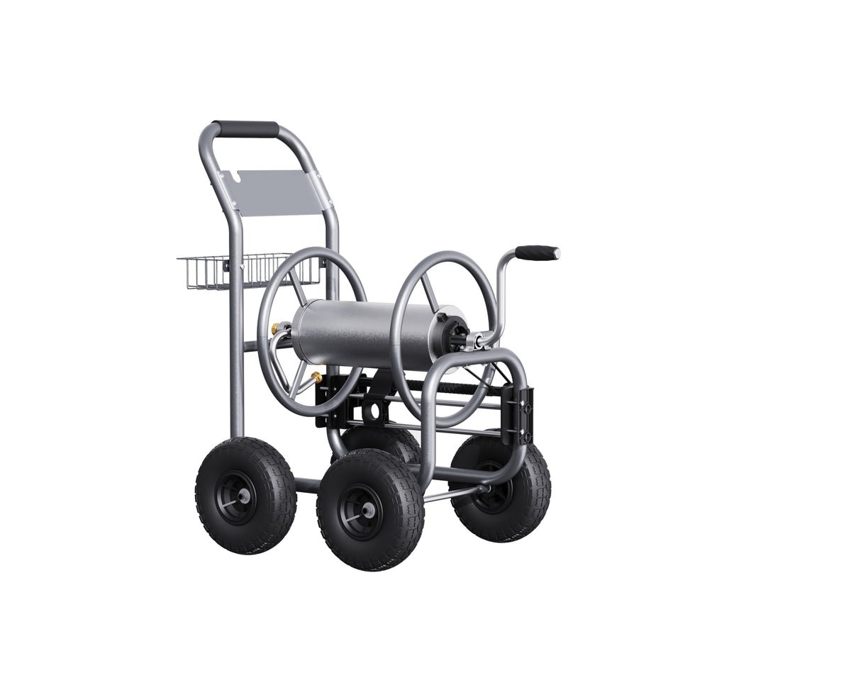 Giraffe Tools garden hose reel cart with outdoor wheels for easy yard mobility.