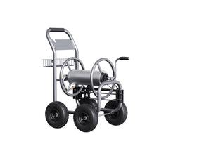Giraffe Tools garden hose reel cart with outdoor wheels for easy yard mobility.