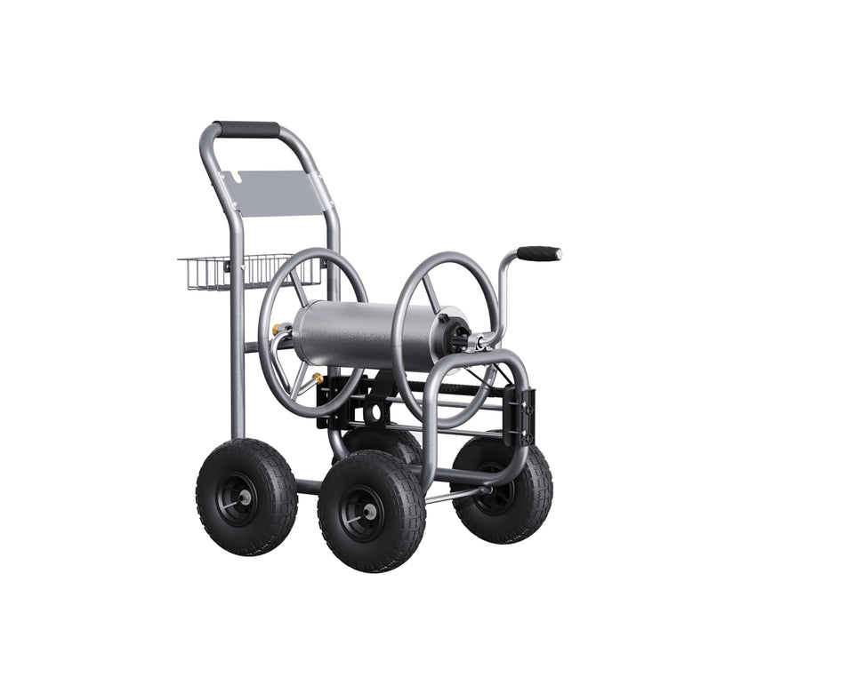 Giraffe Tools garden hose reel cart with outdoor wheels for easy yard mobility.