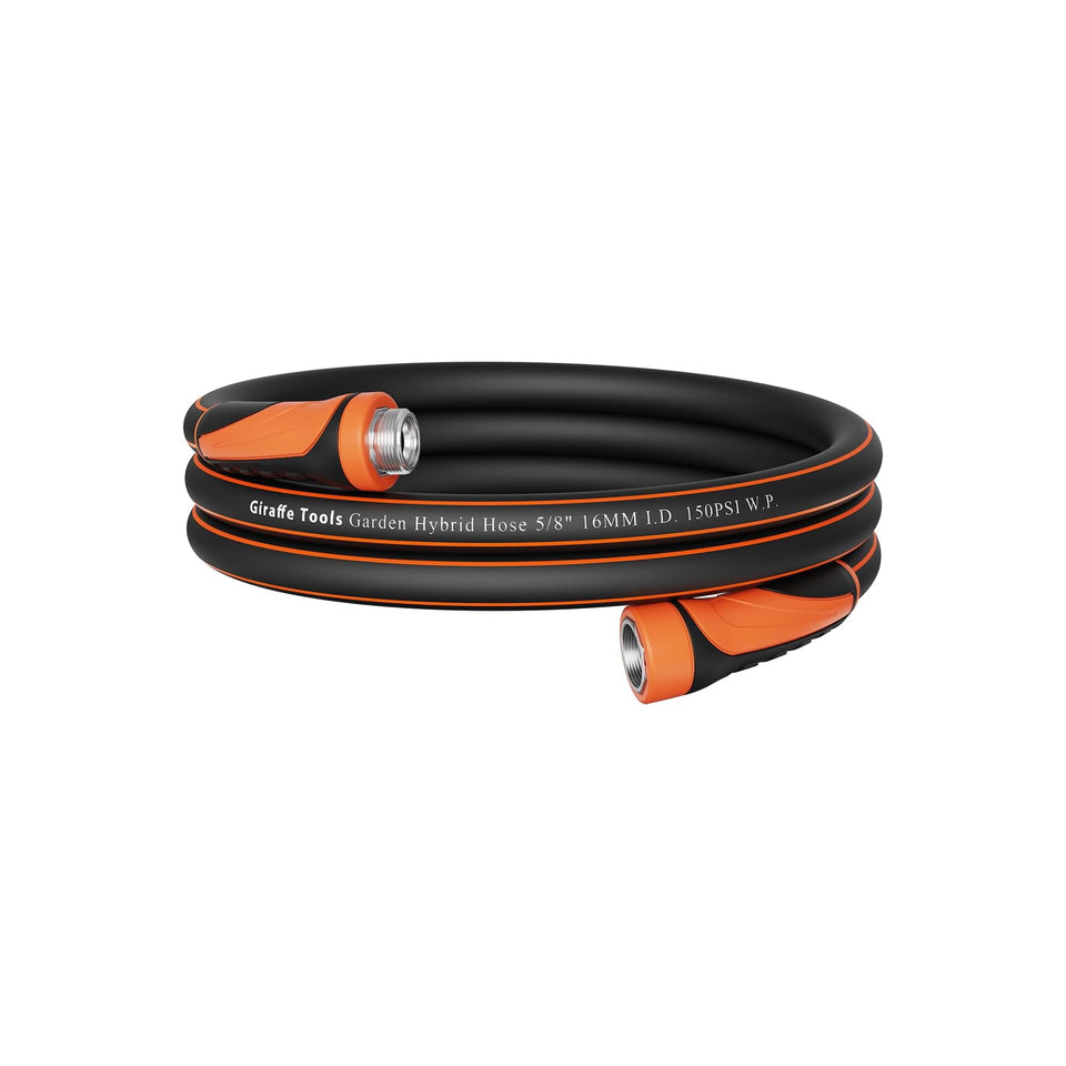 Giraffe Tools garden hose with swivel handle for easy setup.