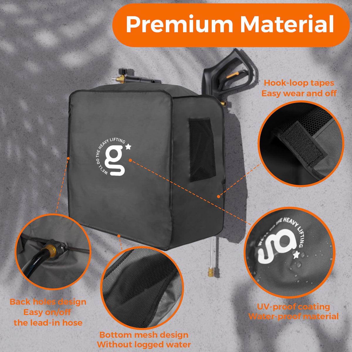 Giraffe Tools Grandfalls cover material closeup shows waterproof, tear-resistant fabric.