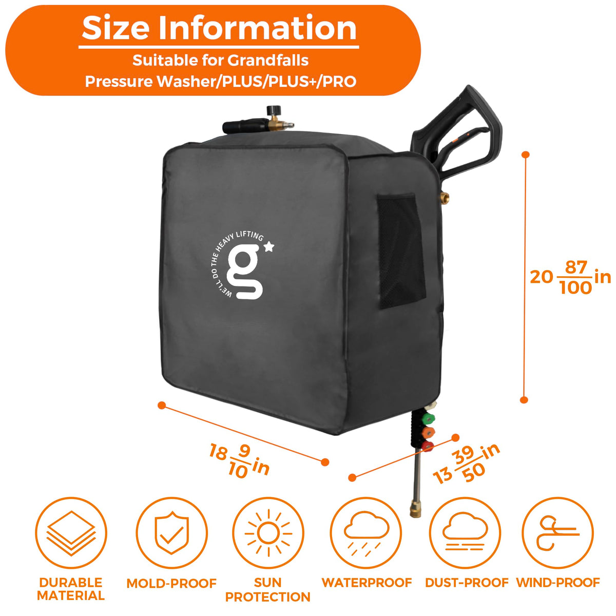Giraffe Tools Grandfalls cover side pockets highlight accessible storage for nozzles.
