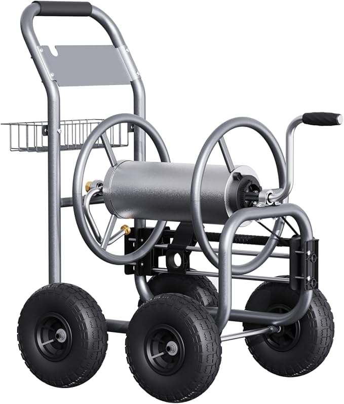 Giraffe Tools heavy duty hose reel cart full shot shows rugged outdoor frame