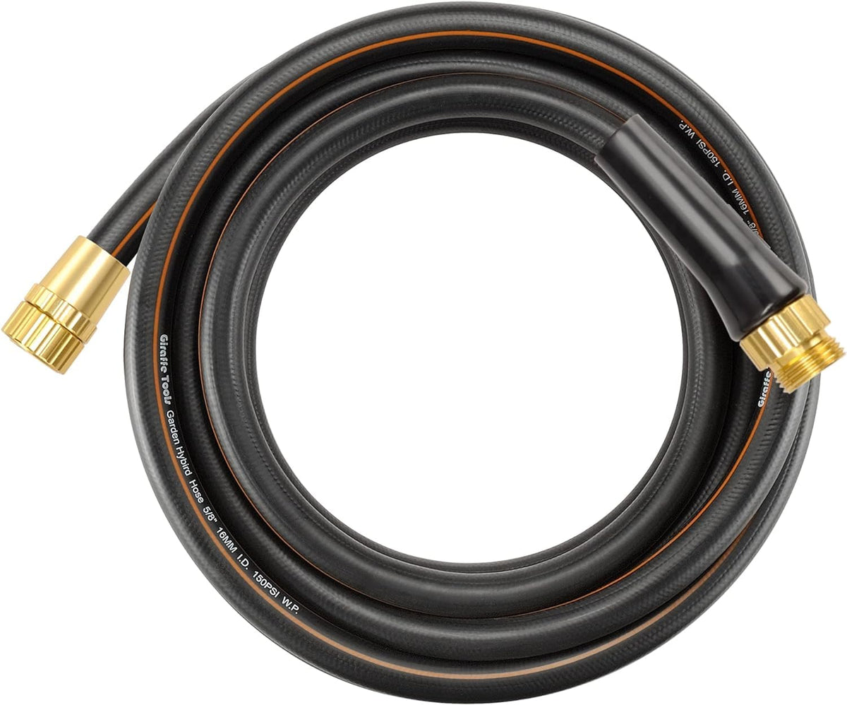 Giraffe Tools garden hose 25ft length for compact storage and easy watering.