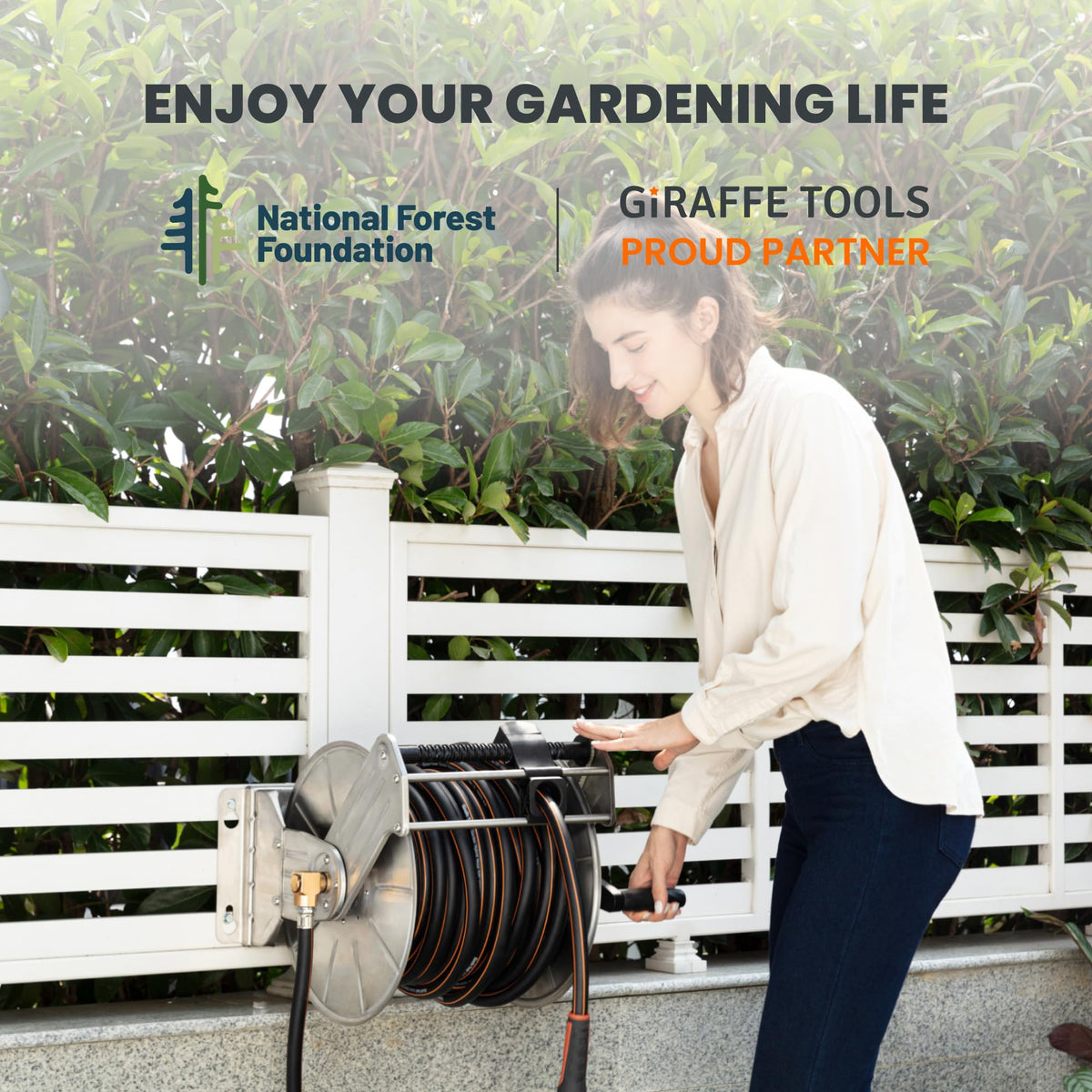 Giraffe Tools hose reel assembly shown with mounting options for installation.