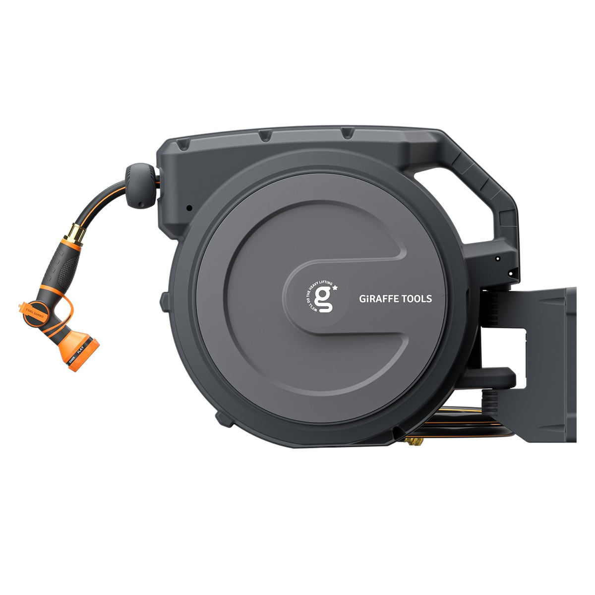 Giraffe Tools retractable hose reel mounted on wall for tidy watering access.