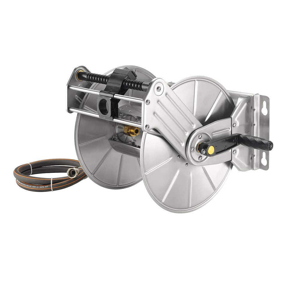 Giraffe Tools stainless hose reel with crank handle for smooth winding and tidy storage.