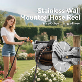 Giraffe Tools wall-mounted stainless hose reel saves space in the garden.