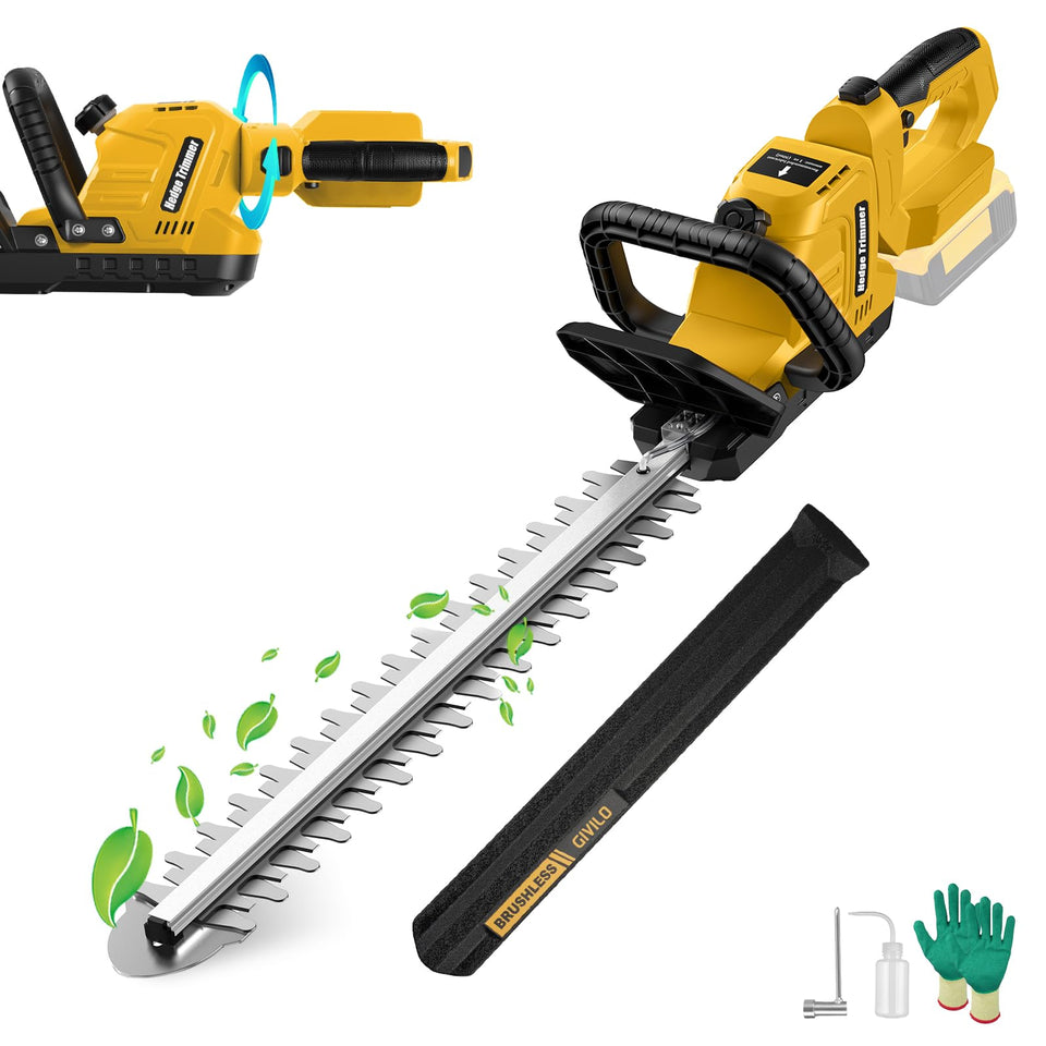 Givilo electric hedge trimmer with rotating handle enables versatile trimming across hedges.
