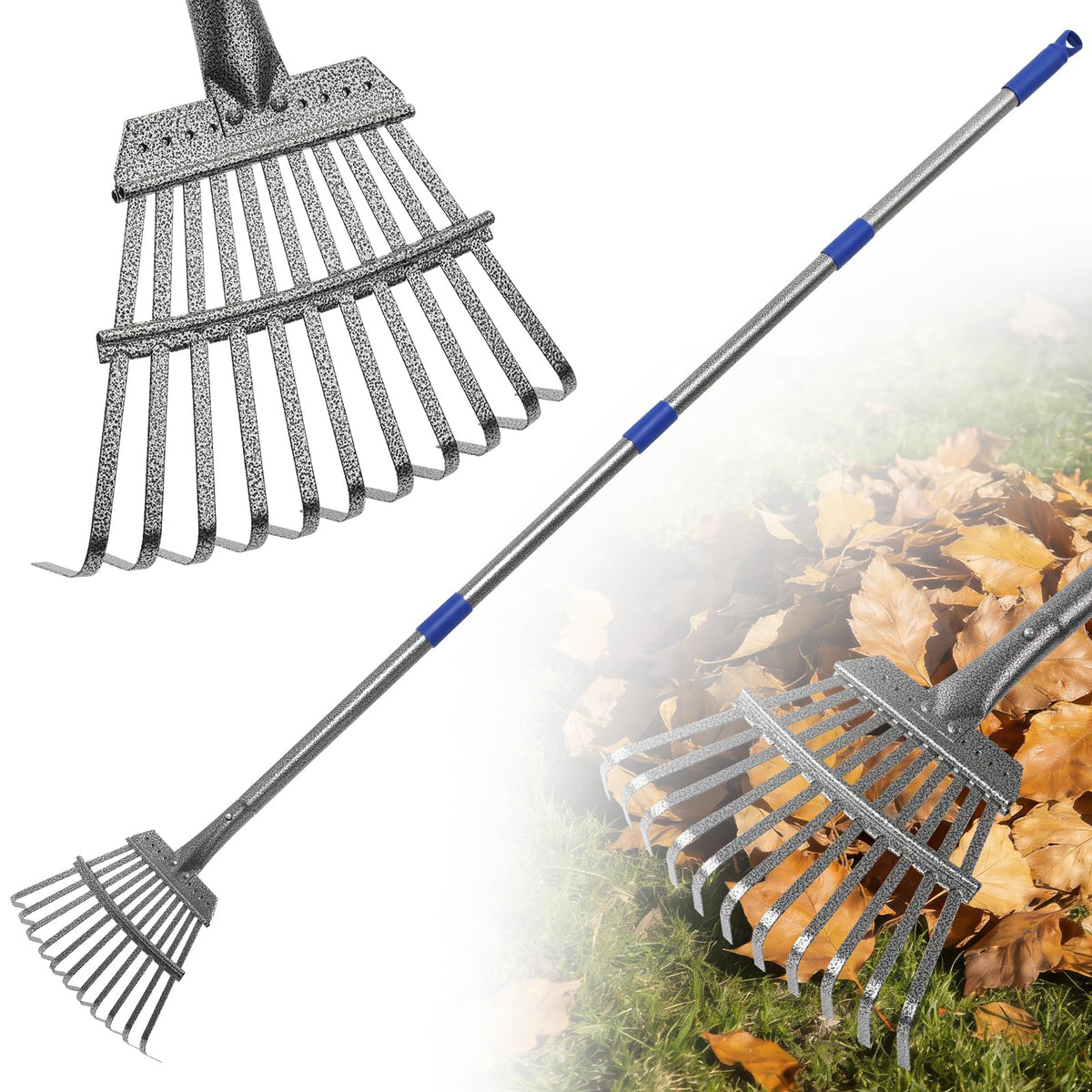 Gixmuoiy garden rake with 11-tine head for tough leaf cleanup.