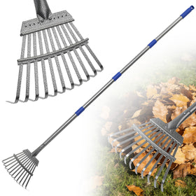 Gixmuoiy garden rake with 11-tine head for tough leaf cleanup.