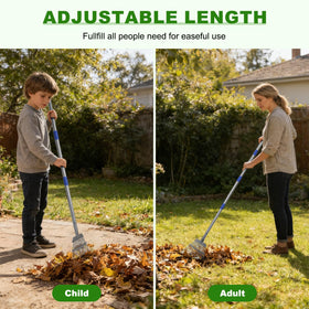 Gixmuoiy garden rake adjustable-handle supports comfortable upright raking.