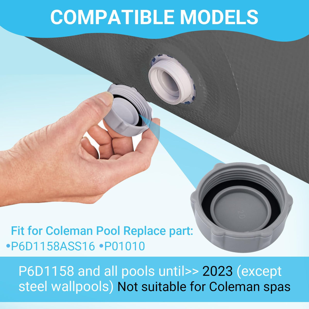 GJK P01006 leak prevention cap on an above-ground pool setup.