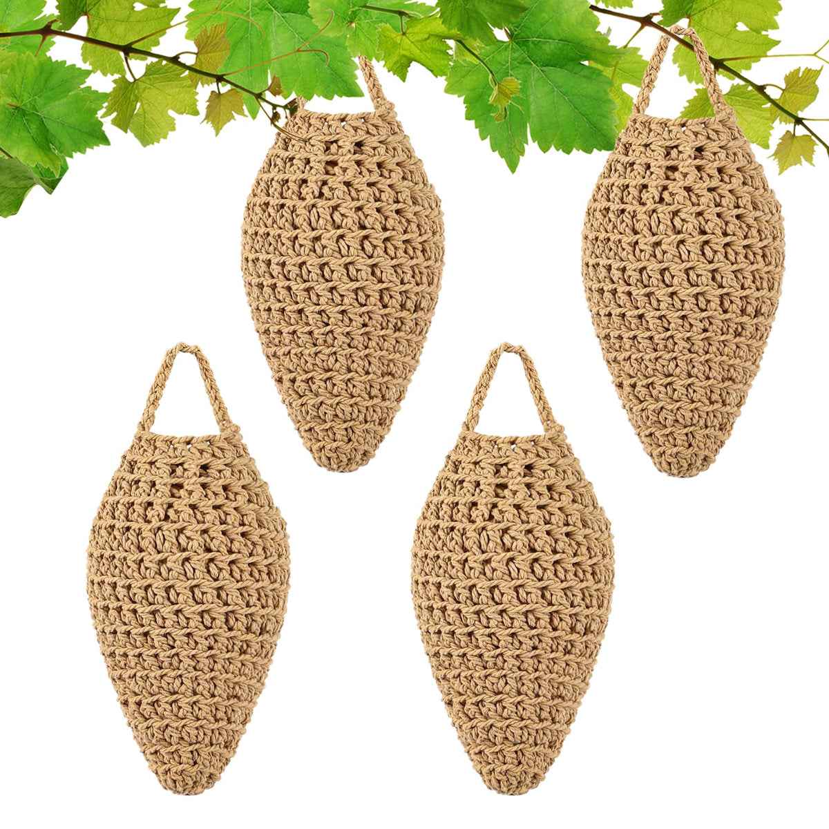 GJL 4-pack crochet wasp nests hanging to deter wasps from outdoor spaces.