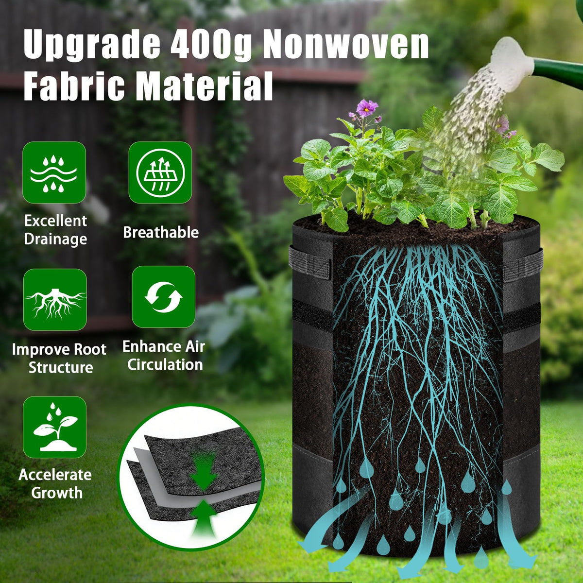 GJL grow bags suited for potatoes, carrots, tomatoes, onions, and other root veggies