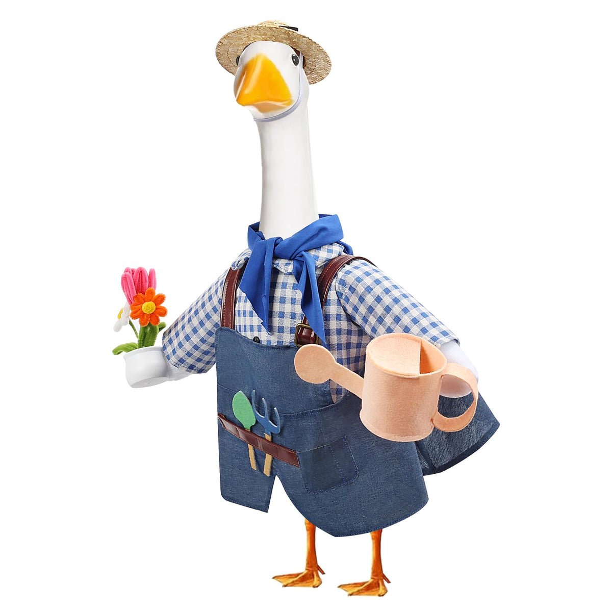 GJL Gardener Goose Outfit top and bottom on a 23-inch statue, ideal for seasonal porch decor.