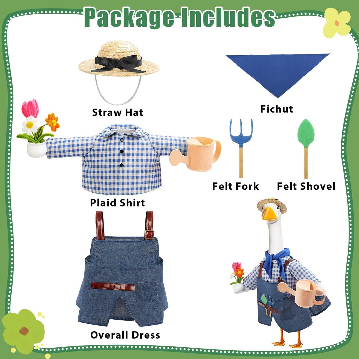 GJL Goose outfit with watering can and flower pot, adds charming garden detail.
