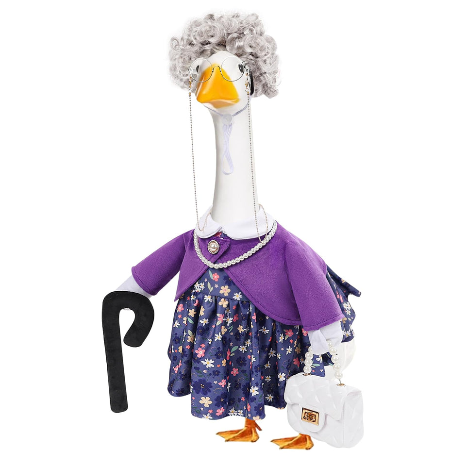 GJL old lady porch goose outfit with cane and handbag enhances curb appeal