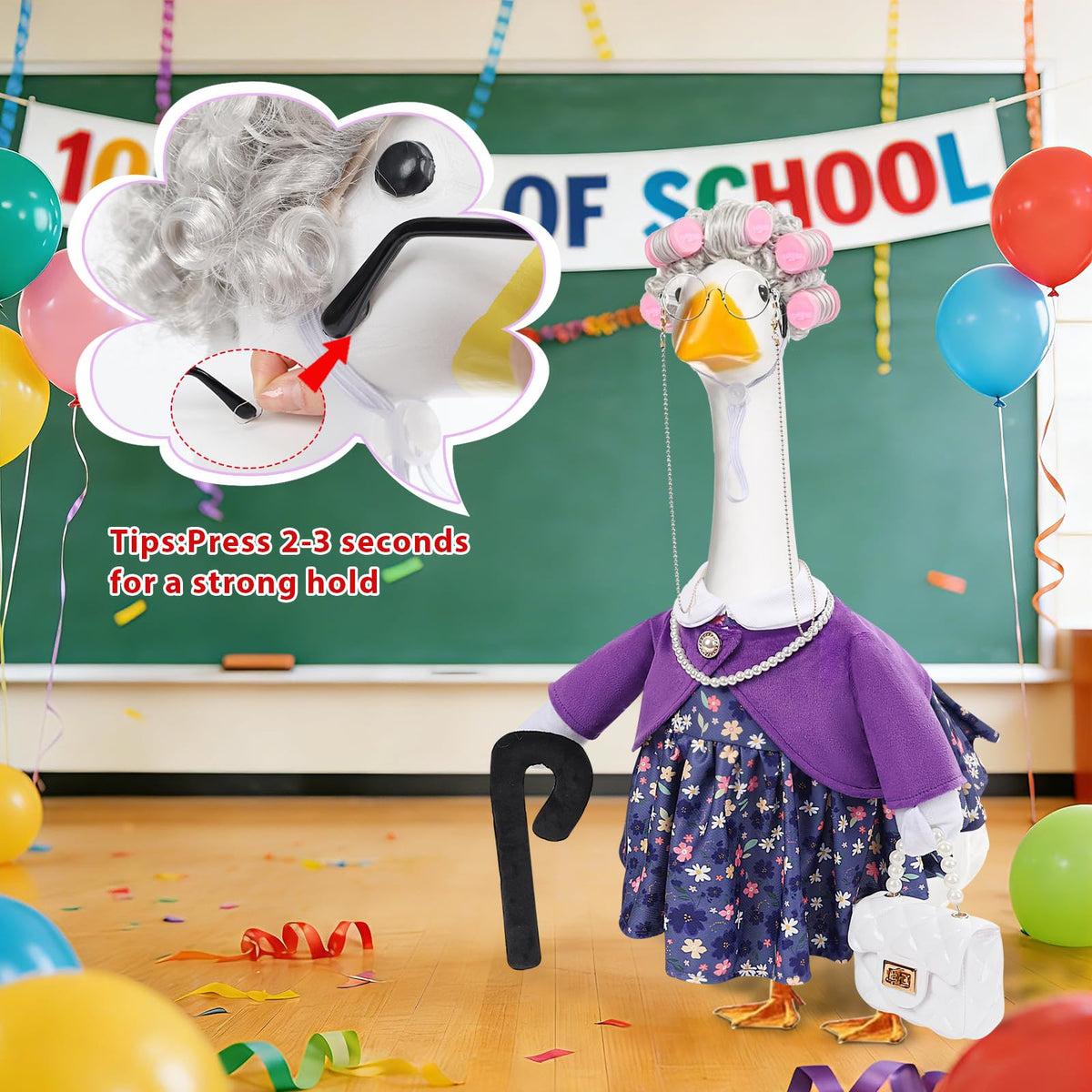 GJL white wig on goose statue creates whimsical character
