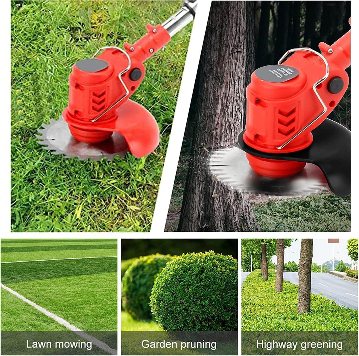 Gjpwyfdc Weed Wacker in garden helps trim grass and shrubs.