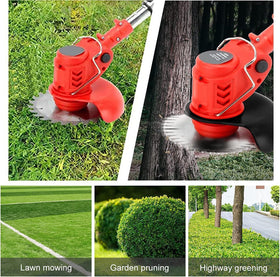 Gjpwyfdc Weed Wacker in garden helps trim grass and shrubs.