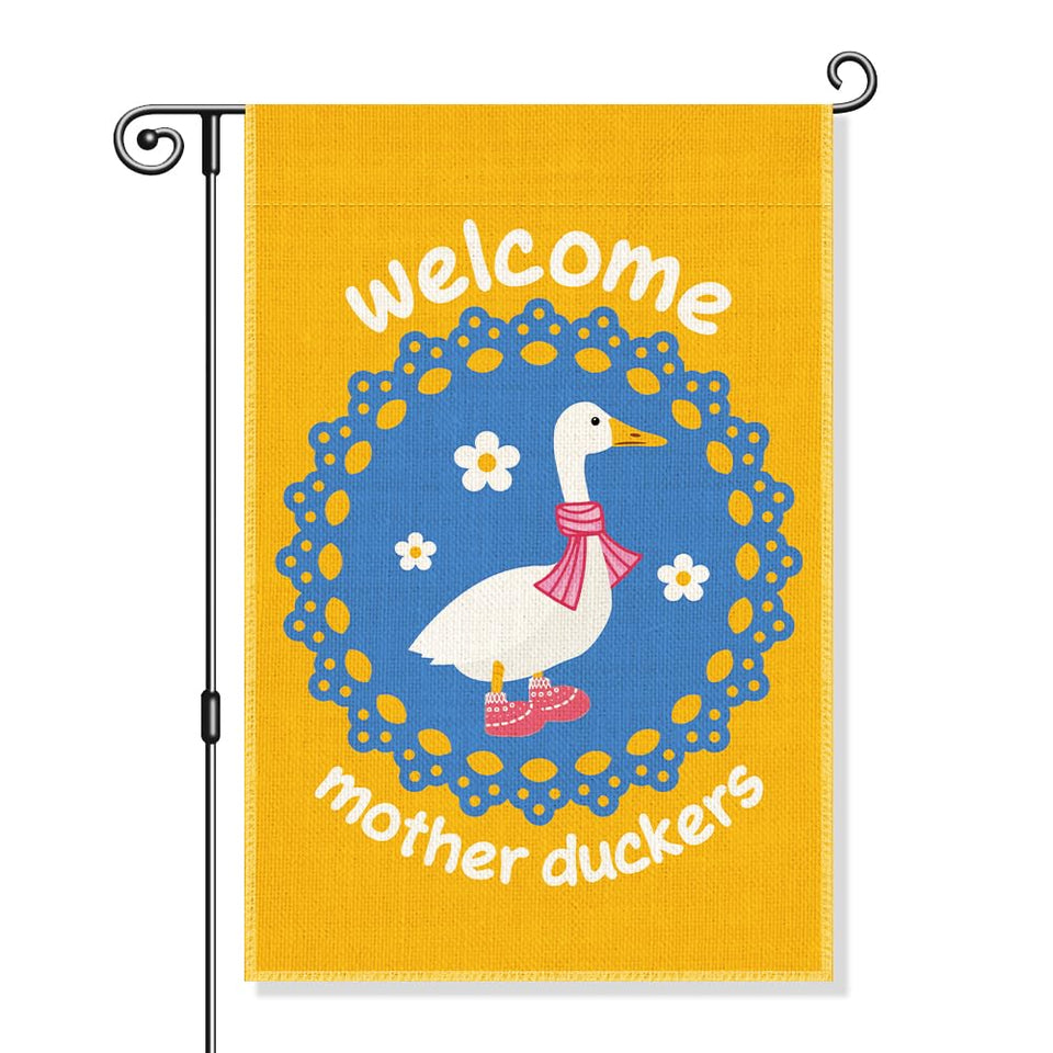 Gkodw Welcome Mother Duckers flag front view in garden, durable for outdoor use