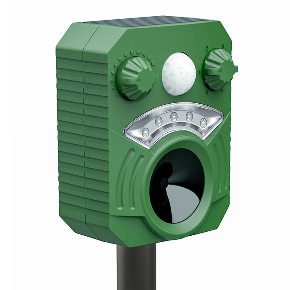 GKRRICH upgraded ultrasonic animal deterrent front view protects garden from wildlife.