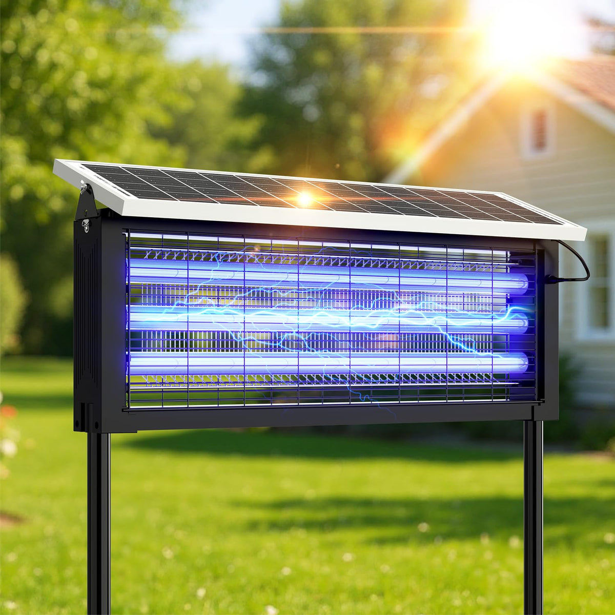 Glamvibe Solar Bug Zapper outdoor landing shows wide 4,000 sq ft coverage for patios and yards.