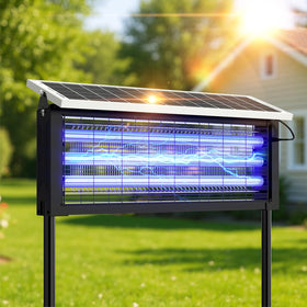 Glamvibe Solar Bug Zapper outdoor landing shows wide 4,000 sq ft coverage for patios and yards.