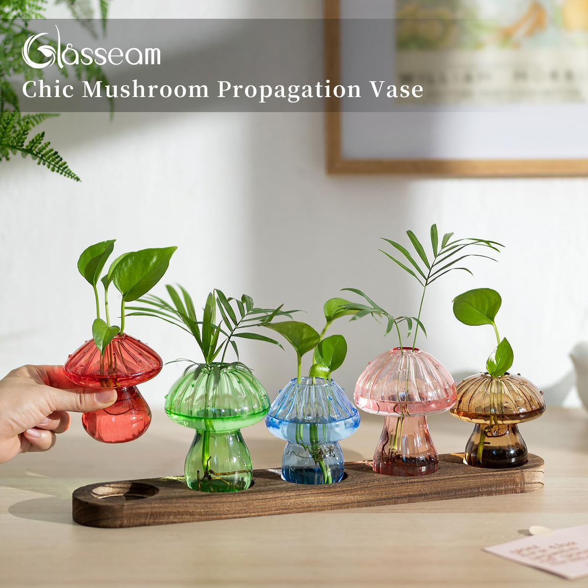Glasseam mushroom glass bud vase, doubles as playful decor when not in use.