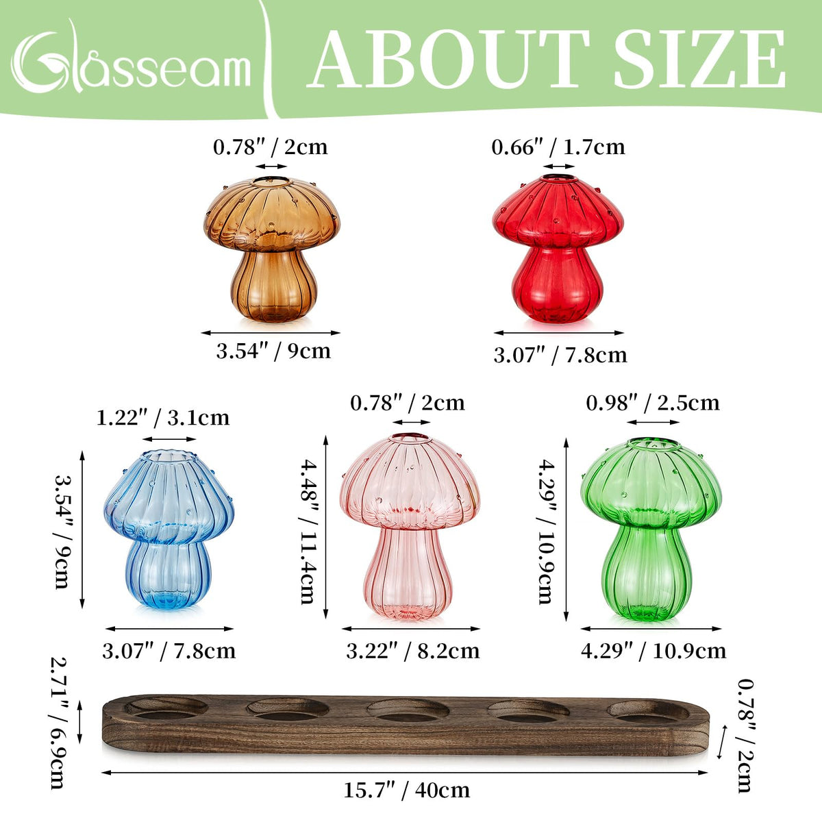 Glasseam office-friendly mushroom glass planter on a wood tray.