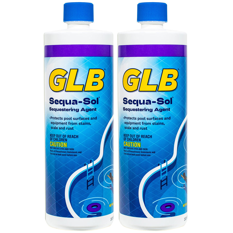 GLB Sequa-Sol Sequestering Agent bottle protects pool equipment from stains and scaling