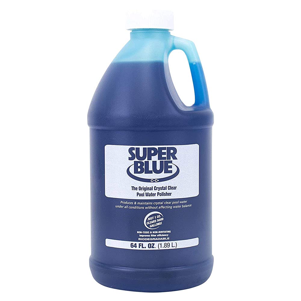 GLB Super Blue pool clarifier bottle label highlights concentrated formula for fast clarity