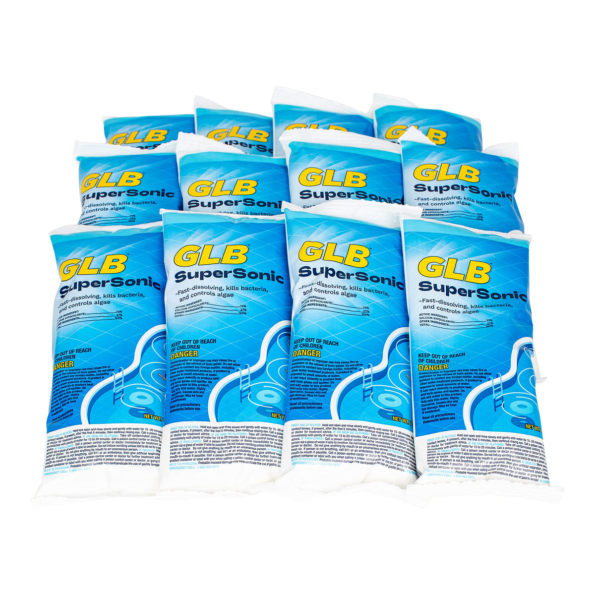 GLB Supersonic 12-pack bottle for fast pool sanitizing and algae prevention.