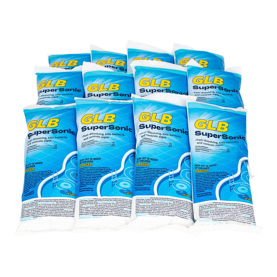 GLB Supersonic 12-pack bottle for fast pool sanitizing and algae prevention.