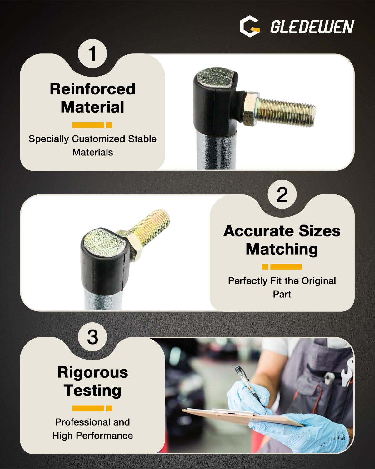 Gledewen steering drag link material detail highlighting rust-resistant construction