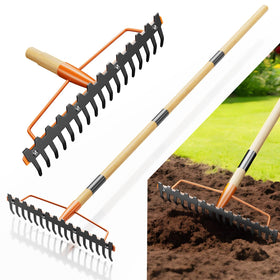 GlimHirVox 17-tine wide-head bow rake for efficient soil leveling and lawn prep.
