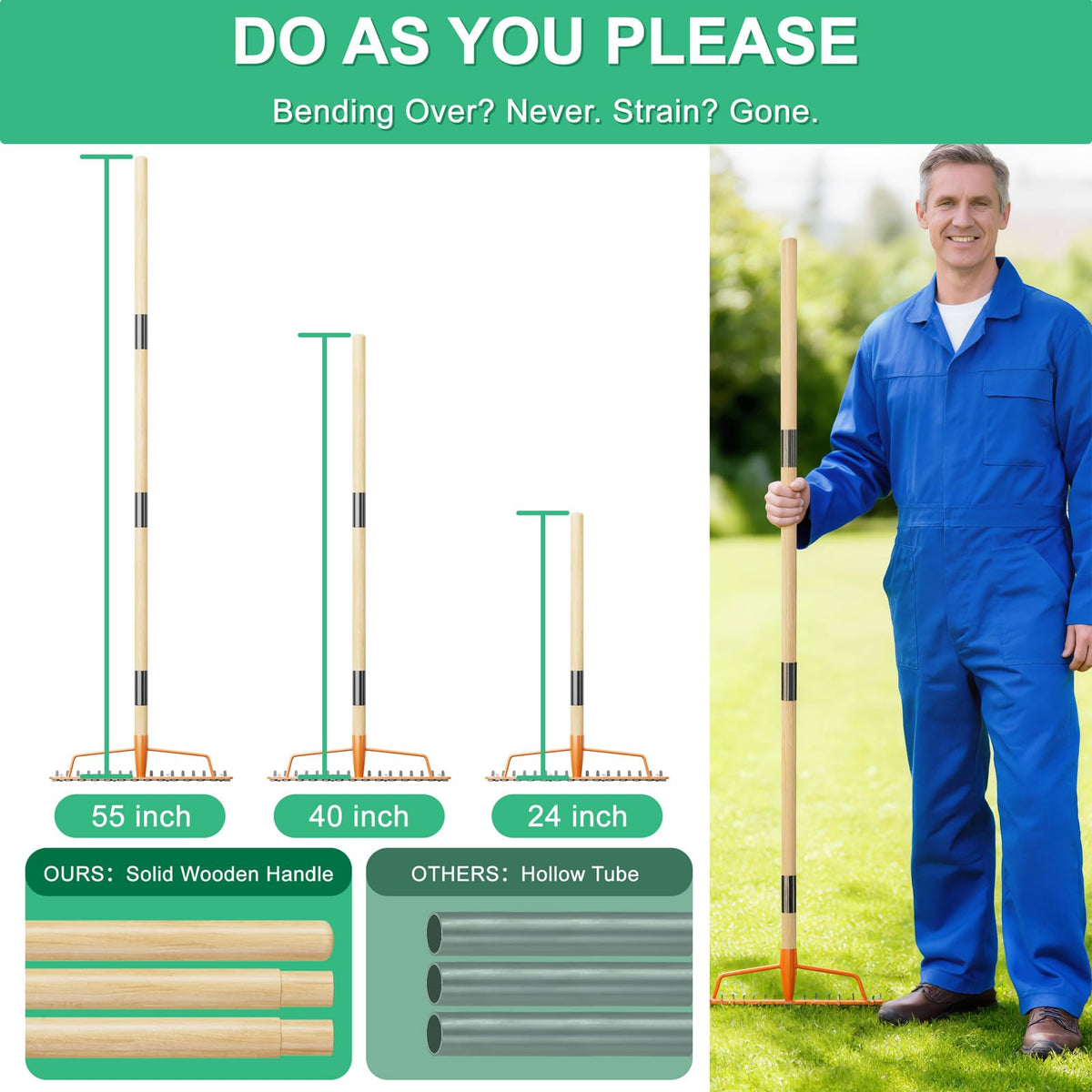 GlimHirVox 55-inch adjustable wooden handle supports comfortable, upright gardening sessions.