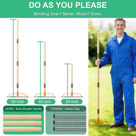 GlimHirVox 55-inch adjustable wooden handle supports comfortable, upright gardening sessions.