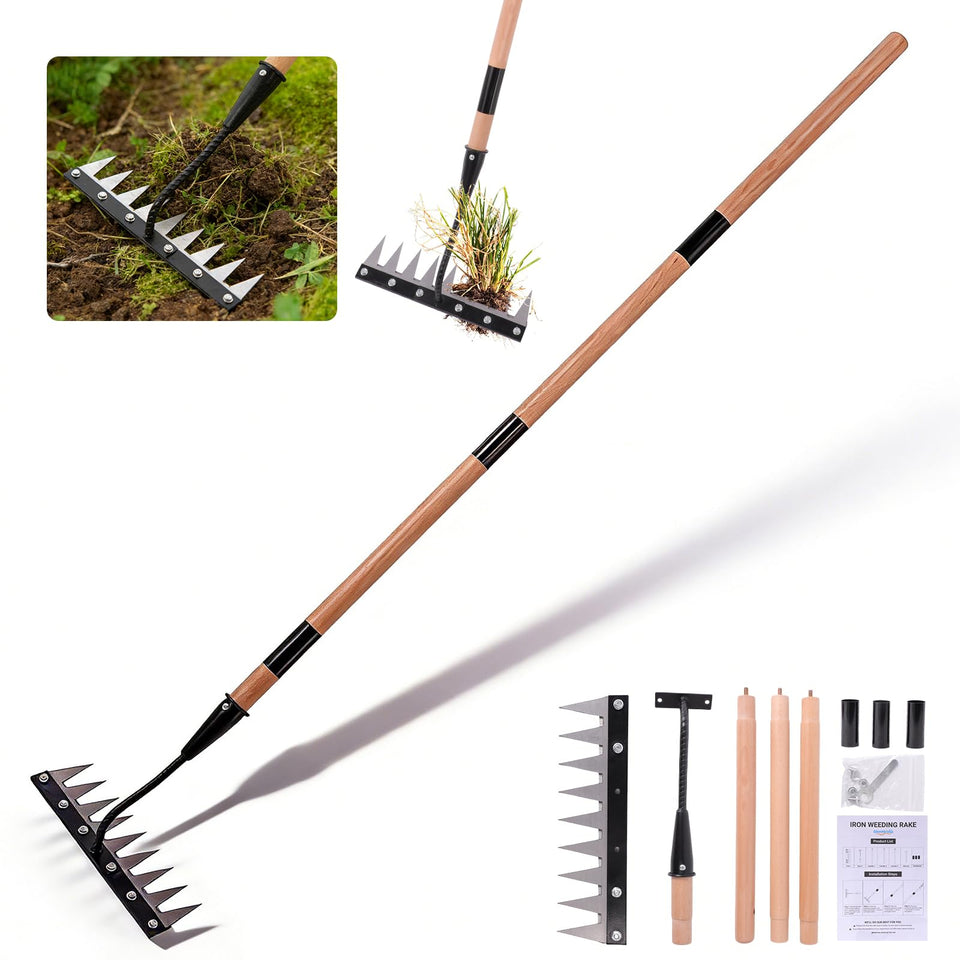 GlimHirVox Gardenia 3.0 rake front view with sharp tines for deep weed removal.