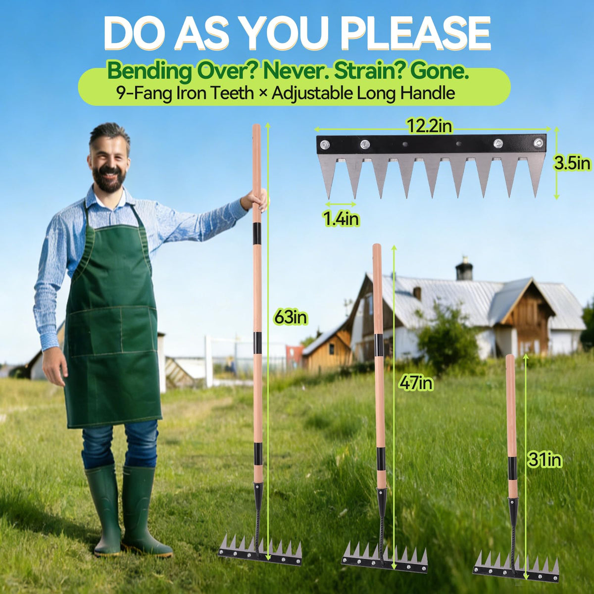 GlimHirVox Gardenia 3.0 rake side view showing adjustable handle for ergonomic use.