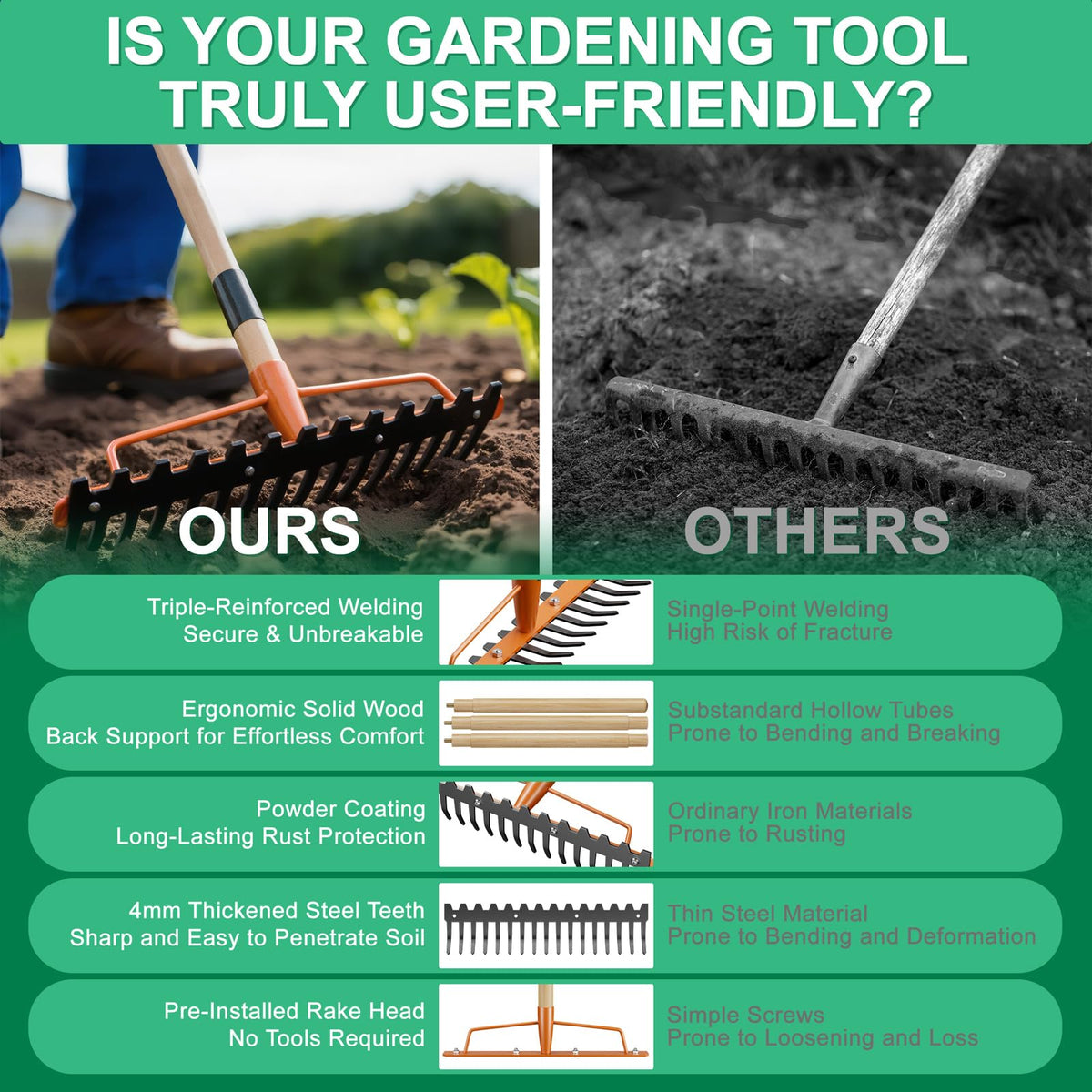 GlimHirVox multi-purpose rake ideal for loosening soil, spreading mulch, and leveling ground.