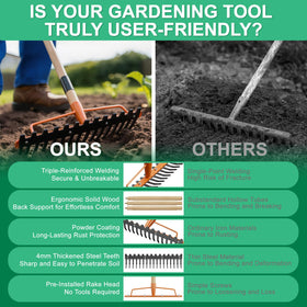 GlimHirVox multi-purpose rake ideal for loosening soil, spreading mulch, and leveling ground.