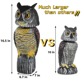 Glintoper plastic owl with realistic eyes deters garden pests.