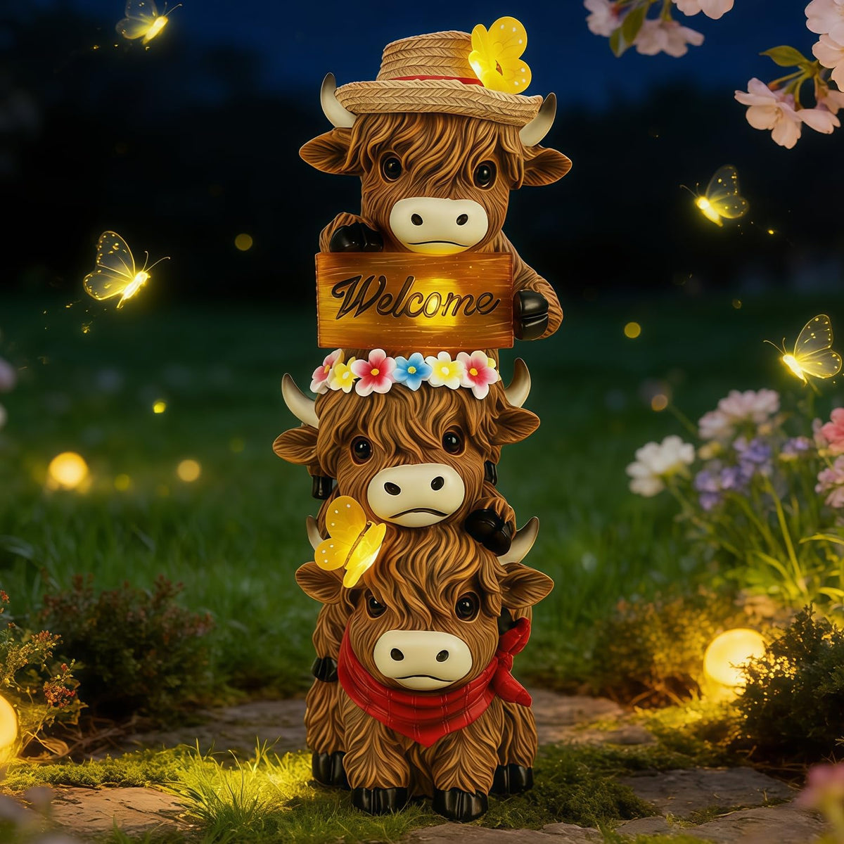 Glintoper solar garden Highland Cow belly light glows softly by dusk