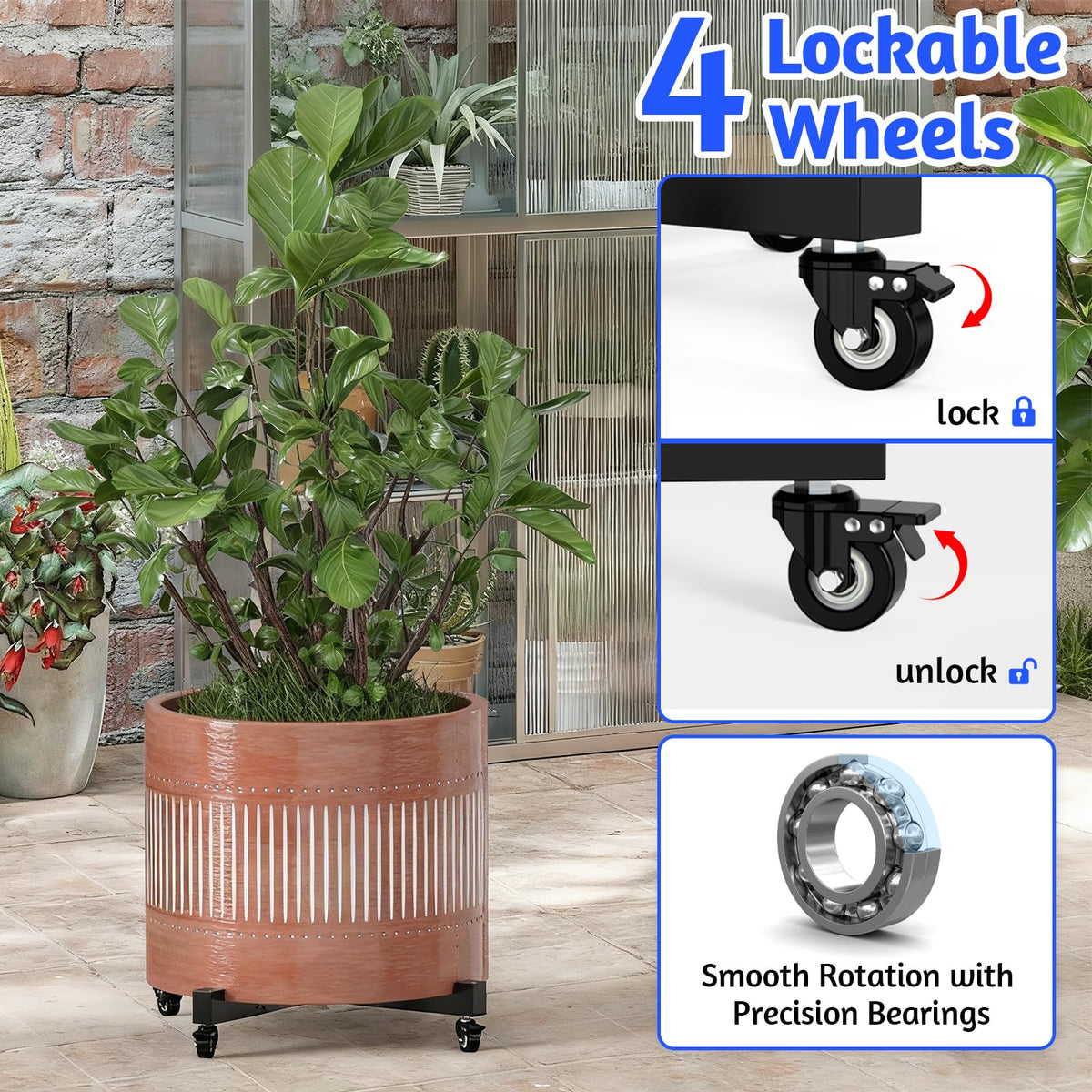 GLISWAM versatile mover for pots, vases, barrels, and other heavy containers.